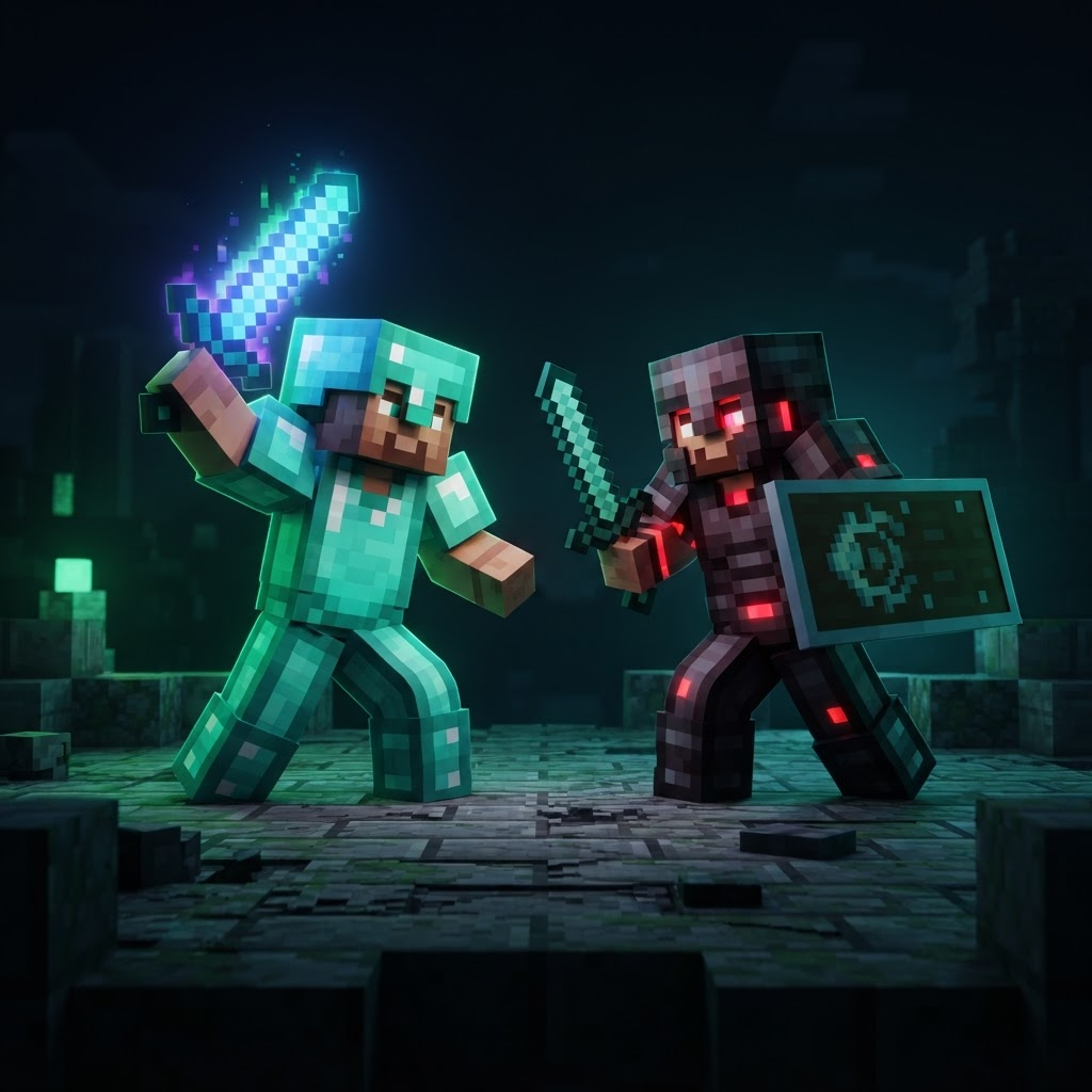 Воины сервера AXILOOM с алмазными мечами в стиле Minecraft